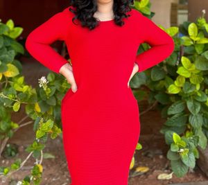 ribbed Red Bodycon Midi Dress