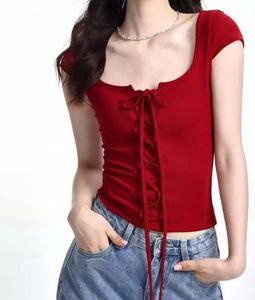 ✨ Trendy Red Lace-Up Maroon Top ✨.SIZE-30-36