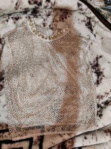 Royal Radiance – Gold-White Top with Necklace Neck