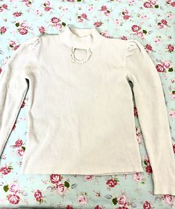 Ribbed Mock Neck Top w/ Pearl Detail