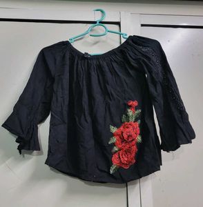 Embroidered Black Crop Top