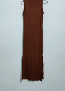 Brown Ribbed Bodycon With Slit