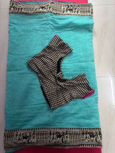 Teal Green with Ethnic Print Border Saree