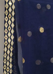 royal blue mirror work semi stitch bridal lengha