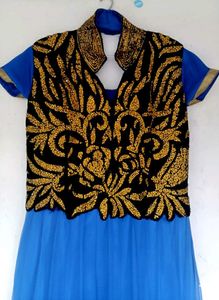 Elegant Blue Gown &amp; Gold Embellished Dress