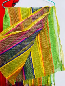 Red Cotton Churidhar Set With Multi Clr Dupatta