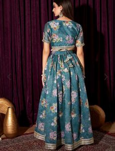 Teal-Blue Floral Printed Lehanga