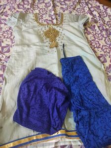 L-xl size grand work Elegant Grey &amp; Blue Kurta Set