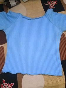 Blue Ribbed Long Sleeve Top