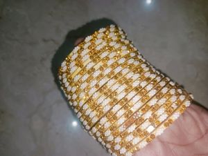 Cream, Golden White Work On Bangles