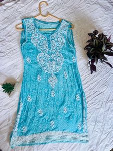 Sky Blue Sleevless Short Embroidery Kurti