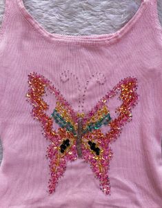 Pink butterfly Embroidered Tank Top