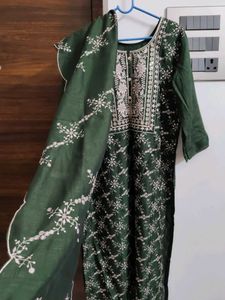 Dark Green Full Embroidery Kurti With Shawl