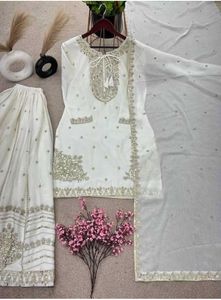 Elegant White &amp; Gold Embroidered Gharara Suit