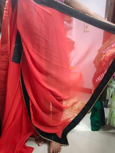 Red &amp; Black Embellished Saree