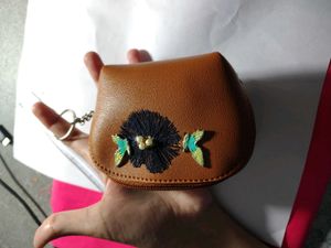 Brown Floral Pouch With Keychain Attachment