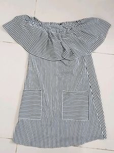 Cute, Striped, Off Shoulder Dress, Black And White, Frayed Hemm Dress