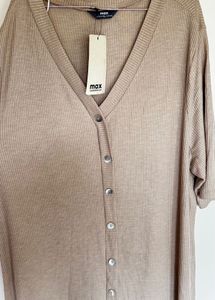 Beige Ribbed Shirt Dress