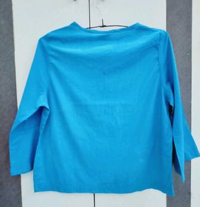 Embroidered Teal Top with Tie Neck