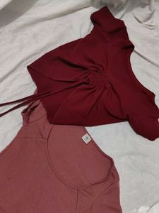 Combo- Burgundy &amp; Pink Ribbed Tee Set