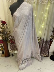 Elegant Grey Embroidered Saree