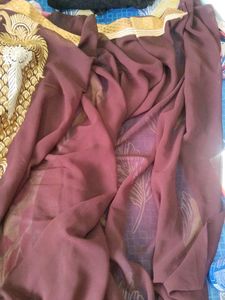 Embroidered marron Saree attach bouse Pisce
