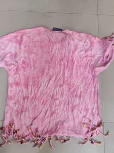 Pink Tie-Dye Tunic Top With Beaded Fringes