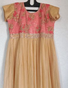 Biscuit And Rose Colour Combination Beautiful Long Dress.