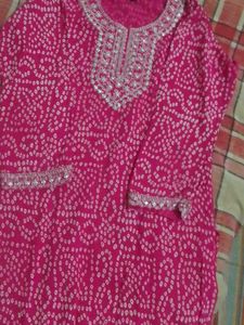 Pink Bandhani Kurti with Silver Embellishments