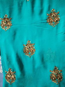 Teal &amp; Gold Embellished Saree
