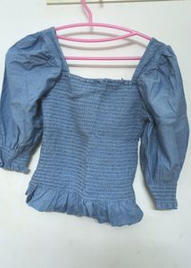 Blue Puff Sleeved Smocked Fitted Top By Roadster