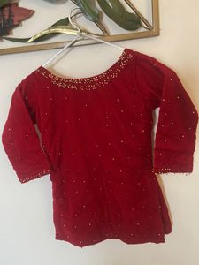 Red Velvet Kurti with Gold Bead Detail