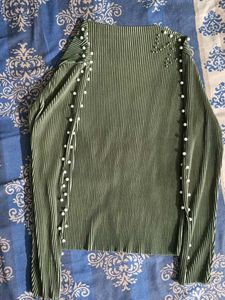 Olive Green Pearl Embellished Top
