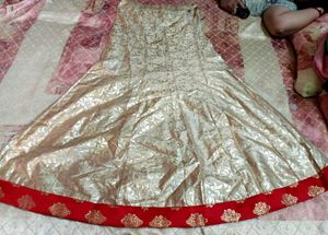 Elegant Red Banarasi Anarkali Set with Golden Moti