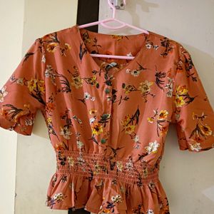 Women Peach Coloured & Black Floral Print Top