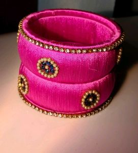 Pink Embellished Silk Bangles - Set of 2