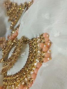 Peach  Pearls With Combination Of Golden Work,