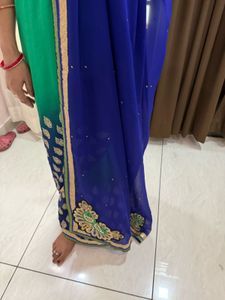 Elegant Green &amp; Blue Embroidered Saree