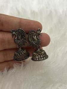 Peacock Silver Oxidized Jhumka Earrings