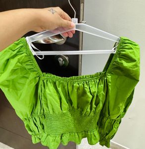 Green Puff Sleeve Crop Top