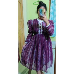 Purple Color Crocheted Neck Midi Dress