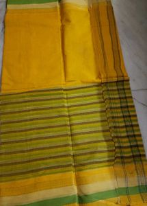 Woven Tant Cotton Yellow &amp; Green Striped Saree