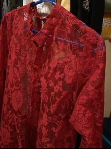 Red Floral Lace Button-Up Top