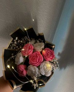 Crochet White Pink Rose Bouquet