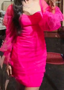 Hot Pink Mesh Sleeve Mini Dress