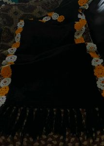 Woollen Black Shawl With Yellow &amp; White Flower