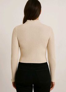 Beige Ribbed Knit Full Sleeve Sweater - Scalloped