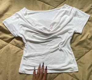 White Cowl Neck Draped Crop Top