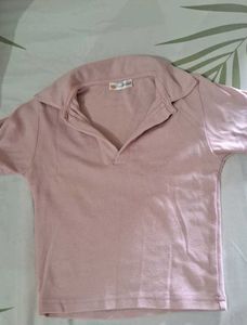 Baby Pink Polo Neck Crop Tshirt