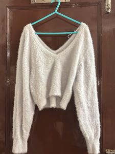 Fluffy Cropped V-Neck Sweater